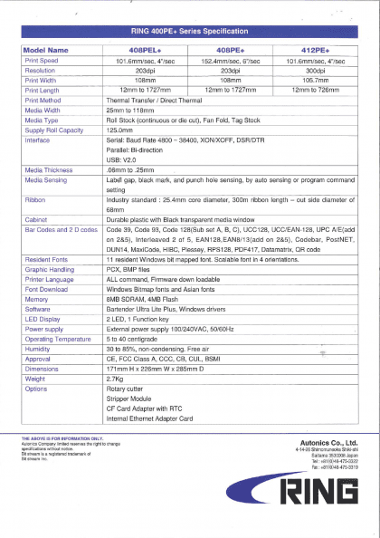 Ring 400PE Printer Series specifications.