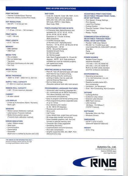 4012 RING® Thermal Label Printers Specifications