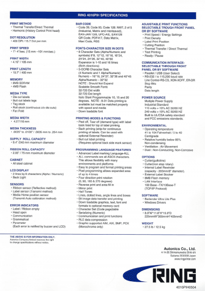 4016 PIH Ring Printer Specification sheet