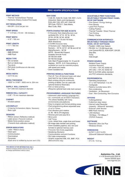 Ring 4024 Thermal Label printer specifications